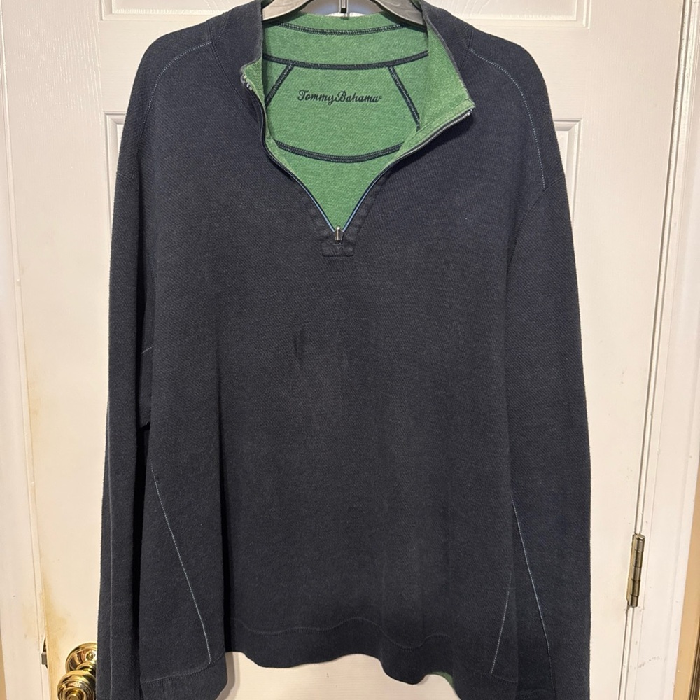 Tommy Bahama Men's 1/4 Zip Navy Blue and Green Reversible Pullover Sweater XXL‎